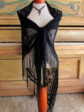 BLACK SHAWL, V-SHAPED w LONG FRINGE, REGENCY & VICTORIAN COTTAGECORE COSTUME